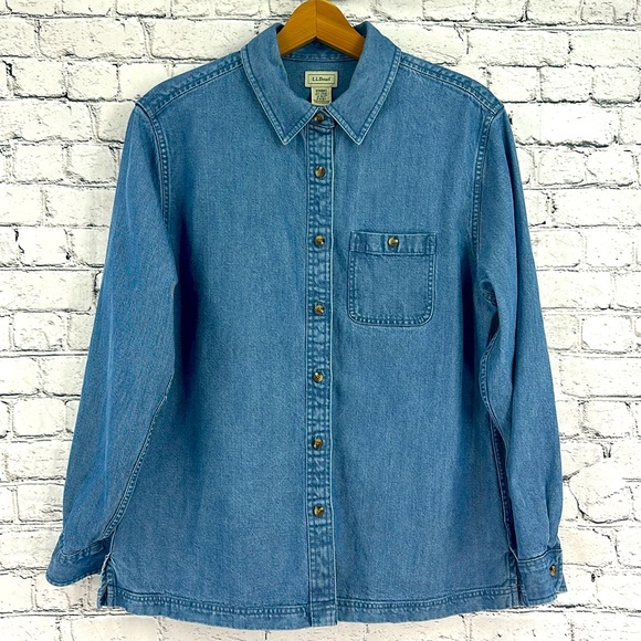 L.L. Bean Tops - LL BEAN Women’s Rugged Button Down Denim LS Shirt MEDIUM/P Indigo Blue EUC!